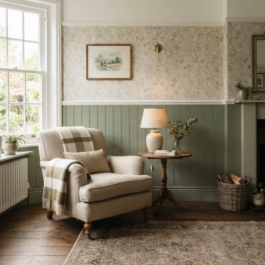 Living room with painted green panelling on the lower wall and a soft floral wallpaper above the dado rail, with an armchair and side table
