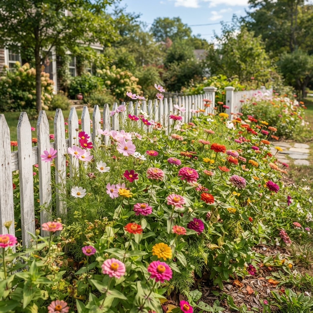 Front garden bed of bright zinnias and pink and white cosmos in summer beside a white picket fence