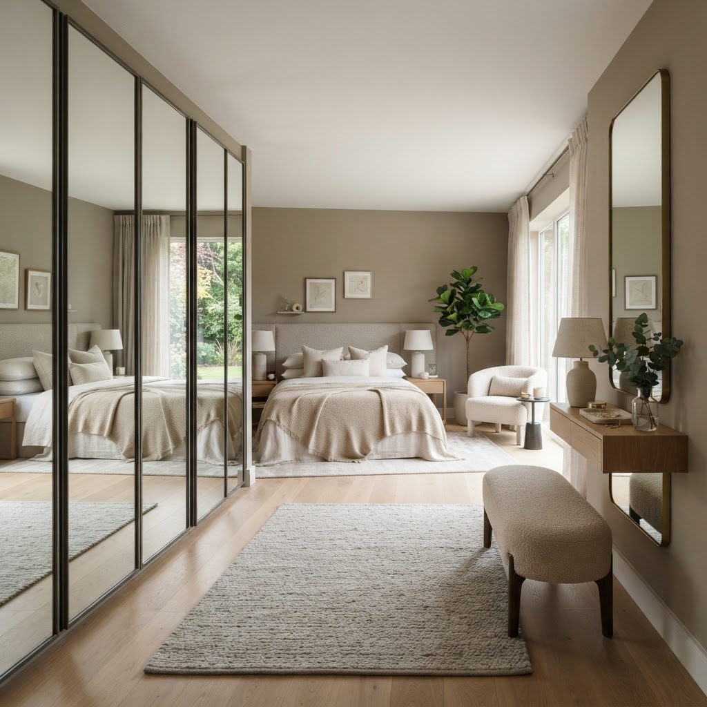 Bedroom with a large mirrored wardrobe wall and a tall full-length mirror near a dressing area, an upholstered bench and a soft neutral palette