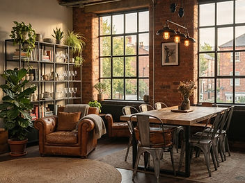 Industrial style living and dining space in a converted warehouse flat with exposed red brick, tall black steel windows, a reclaimed wood dining table with galvanised metal chairs, a cognac leather armchair, black metal shelving and enamel pendant lights
