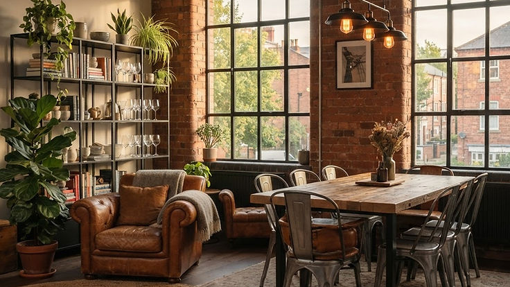Industrial style living and dining space in a converted warehouse flat with exposed red brick, tall black steel windows, a reclaimed wood dining table with galvanised metal chairs, a cognac leather armchair, black metal shelving and enamel pendant lights