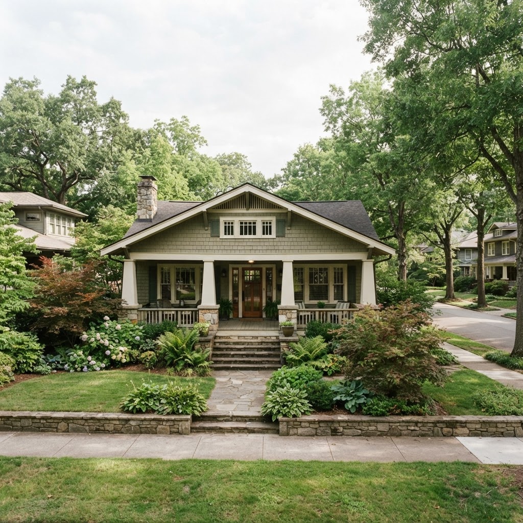 1920s Craftsman bungalow with a low pitched roof, deep front porch and tapered columns on a leafy street