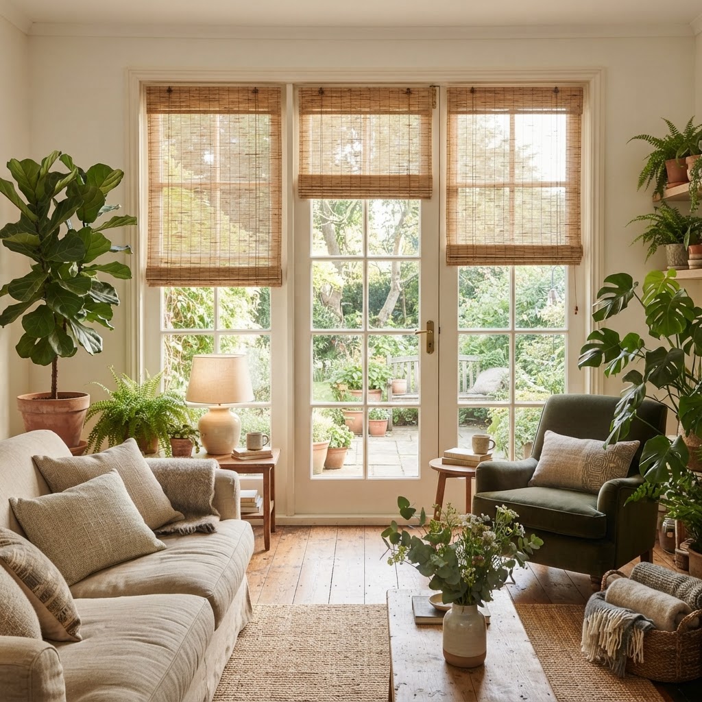 Natural woven bamboo shades on French doors in a relaxed living room with plants