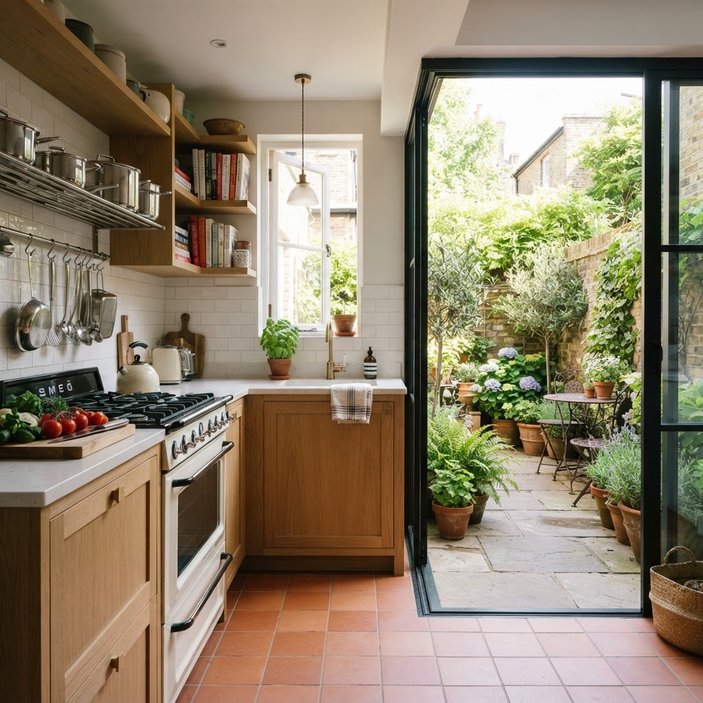 Compact city kitchen with a glass door open onto a small paved courtyard garden full of plants