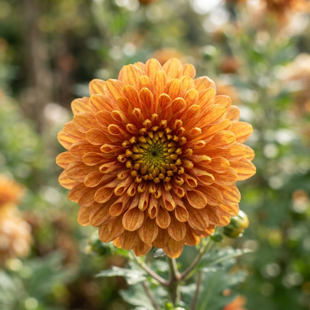 Close-up of a warm orange double chrysanthemum with layers of outward curving petals