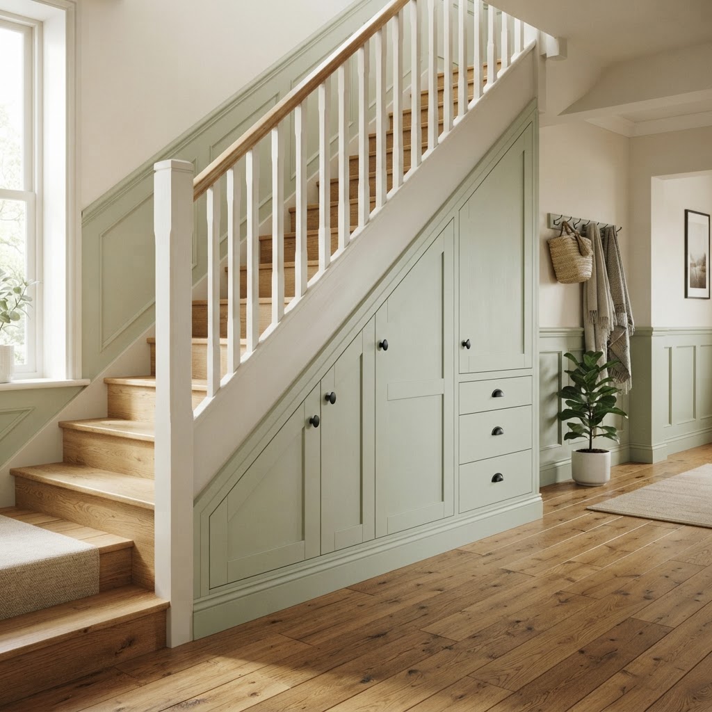 Under-stairs storage with sage green painted cupboards and drawers