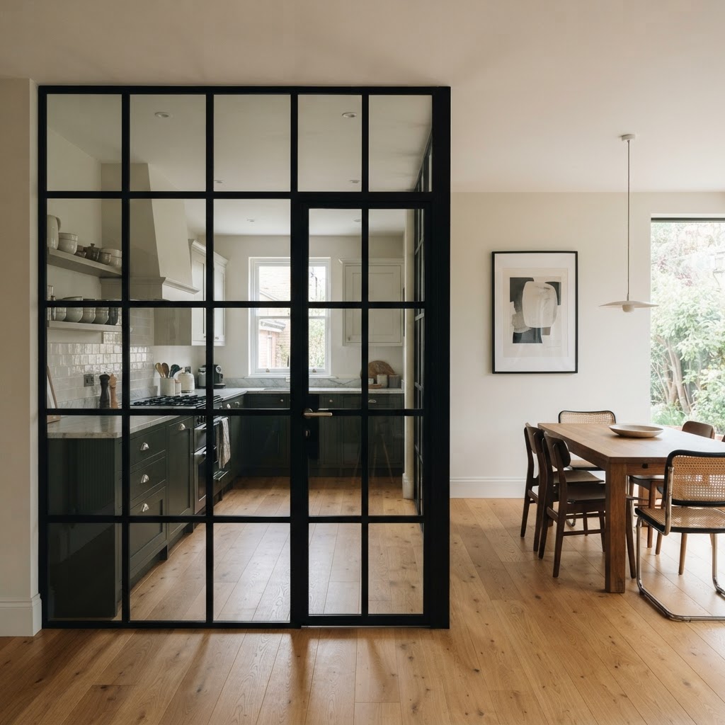 Black-framed glass grid partition between a kitchen and a dining room