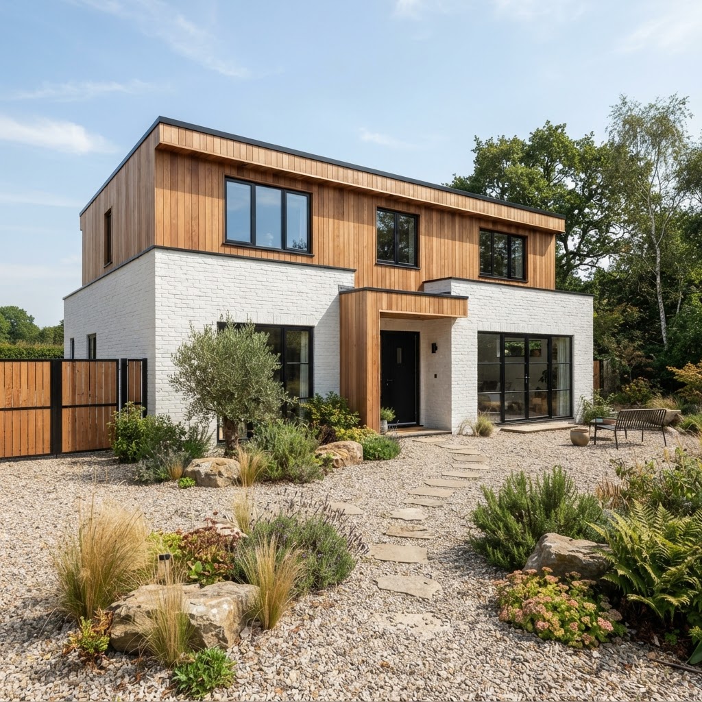 White painted brick house with warm cedar cladding on the upper storey, black windows and a gravel garden with grasses