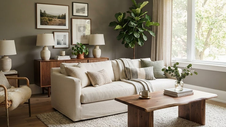 Living room with mid-tone warm gray walls, white trim, a cream sofa and a walnut coffee table