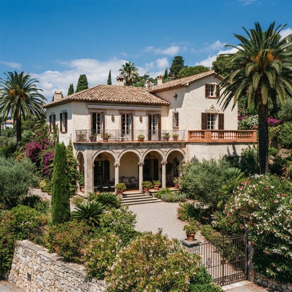 Grand 1920s Mediterranean Revival villa with stucco walls, a tiled roof, an arched loggia and palm trees