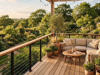 Raised timber deck at golden hour with black metal posts, horizontal stainless steel cable railing and a wide wooden top rail, an outdoor sofa, potted olive tree and a garden view beyond