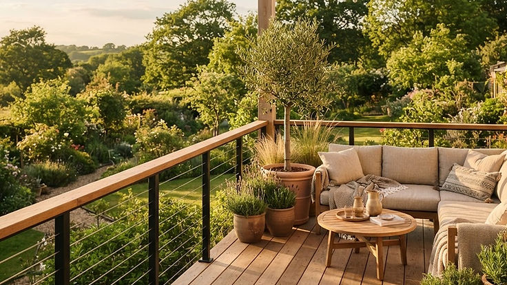 Raised timber deck at golden hour with black metal posts, horizontal stainless steel cable railing and a wide wooden top rail, an outdoor sofa, potted olive tree and a garden view beyond