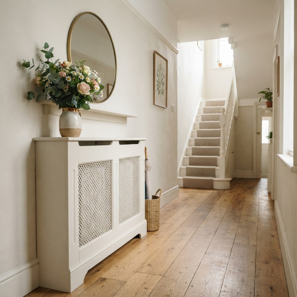 Hallway with a painted radiator cover topped with a vase of flowers and a round mirror