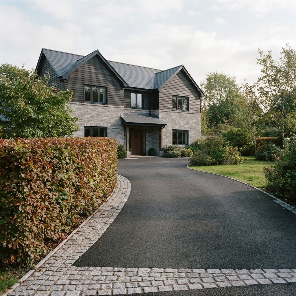 Black tarmac driveway with a granite sett border and a beech hedge