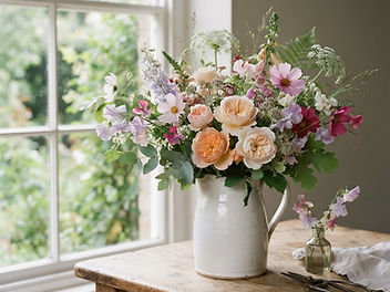 Simple arrangement of garden flowers loosely gathered in a white jug on a wooden kitchen table