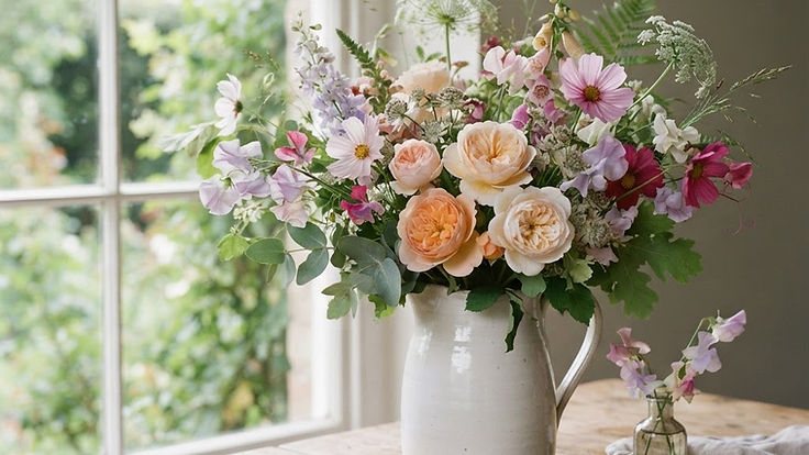 Simple arrangement of garden flowers loosely gathered in a white jug on a wooden kitchen table
