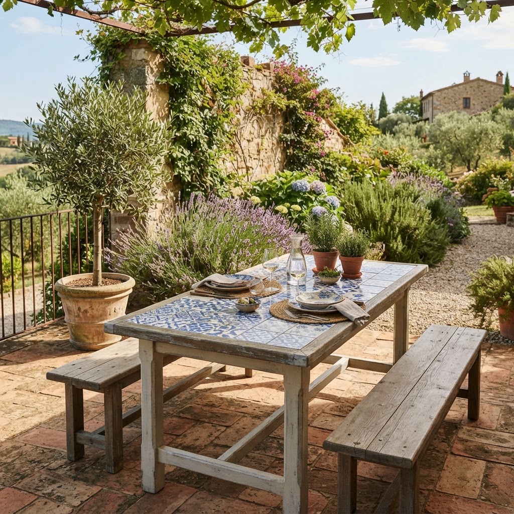 DIY outdoor dining table with a blue and white patterned ceramic tiled top on a sunny garden terrace, with wooden benches, a potted olive tree and lavender