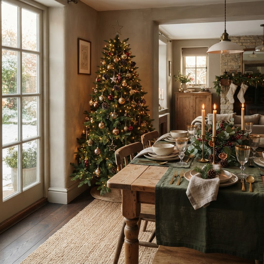Christmas tree against the wall of a dining room beside a table set for Christmas