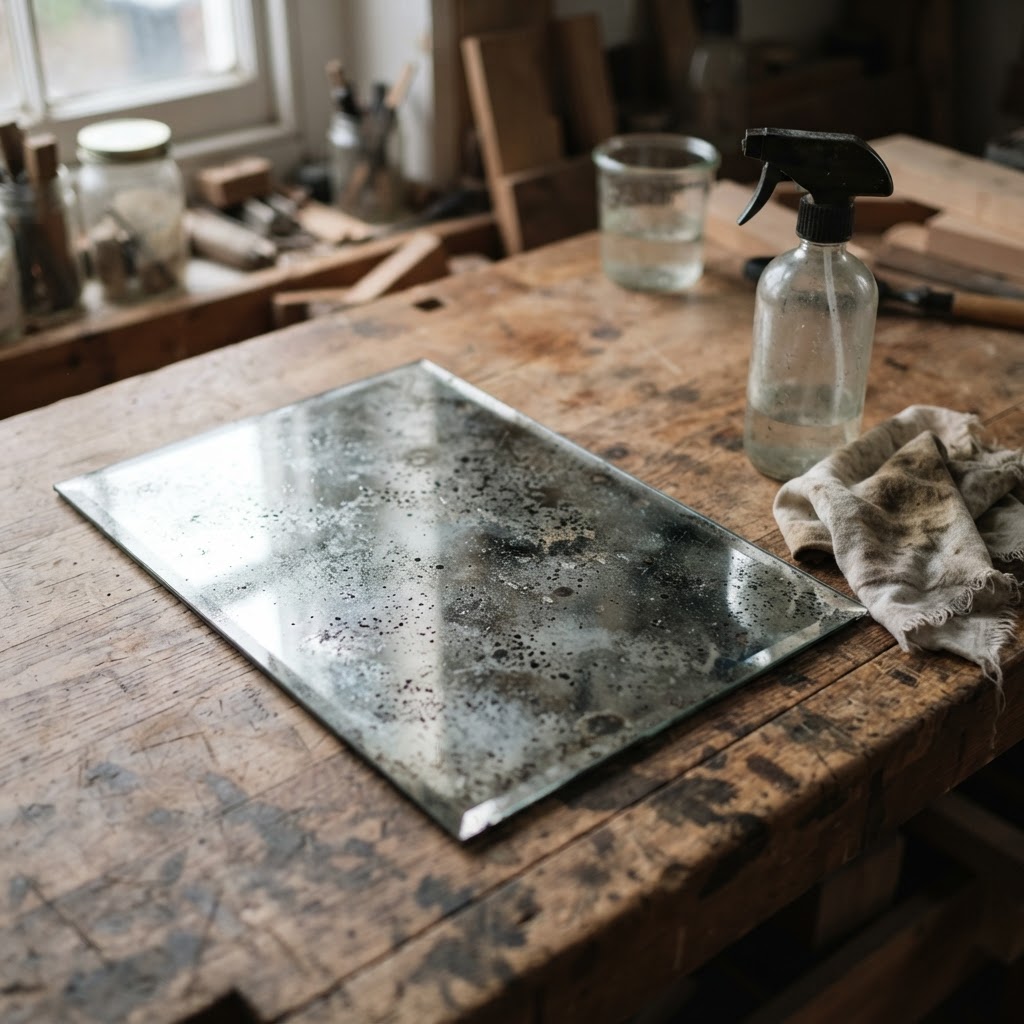 Close up of a DIY antiqued mirror pane with cloudy dark speckles and aged silvering on a workbench beside a spray bottle and a soft cloth