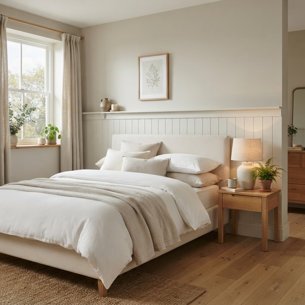 Calm bedroom with soft warm greige painted walls above white tongue and groove panelling, a cream upholstered bed with white and oatmeal bedding and a light oak bedside table with a ceramic lamp