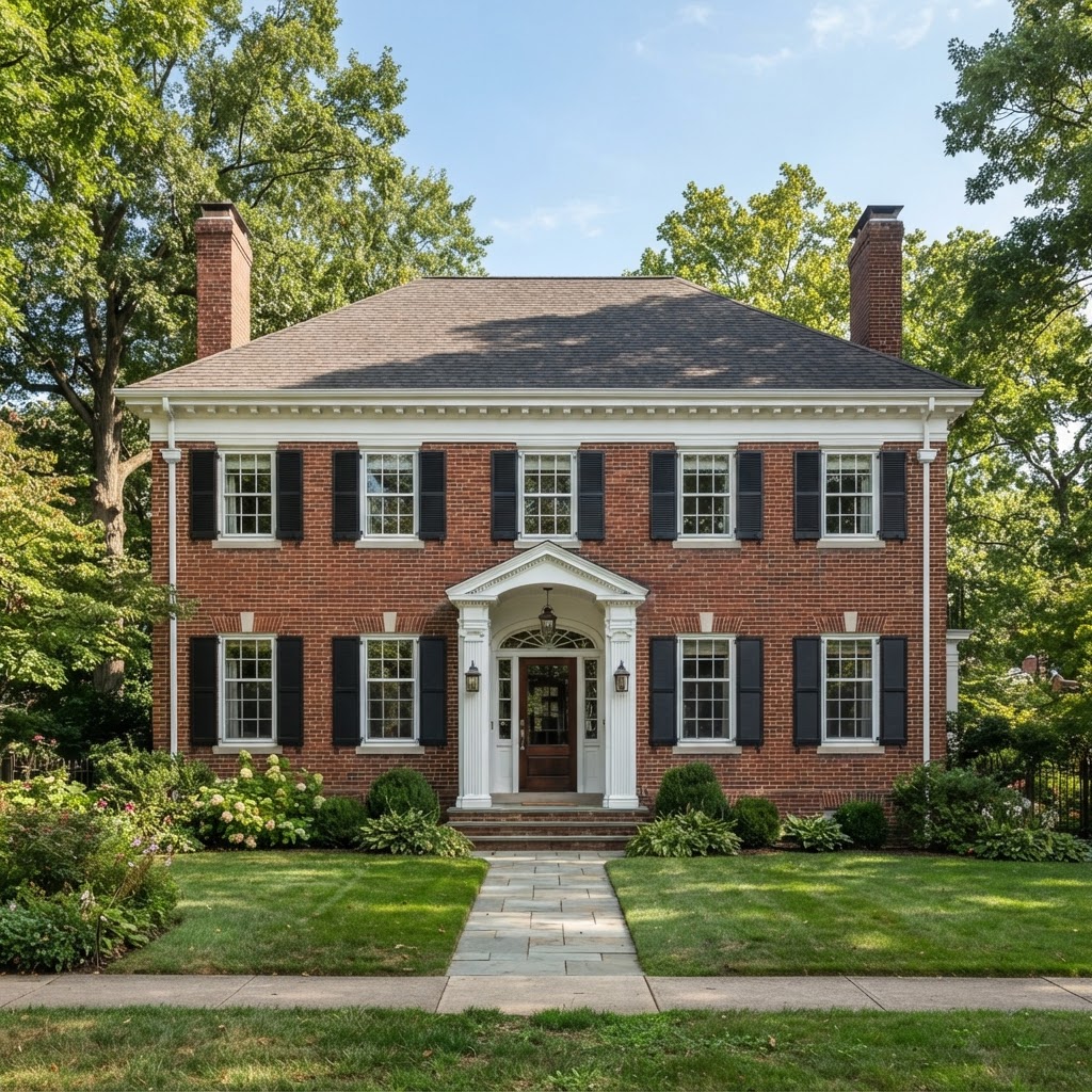 1930s brick Colonial Revival house with a symmetrical facade and white trim