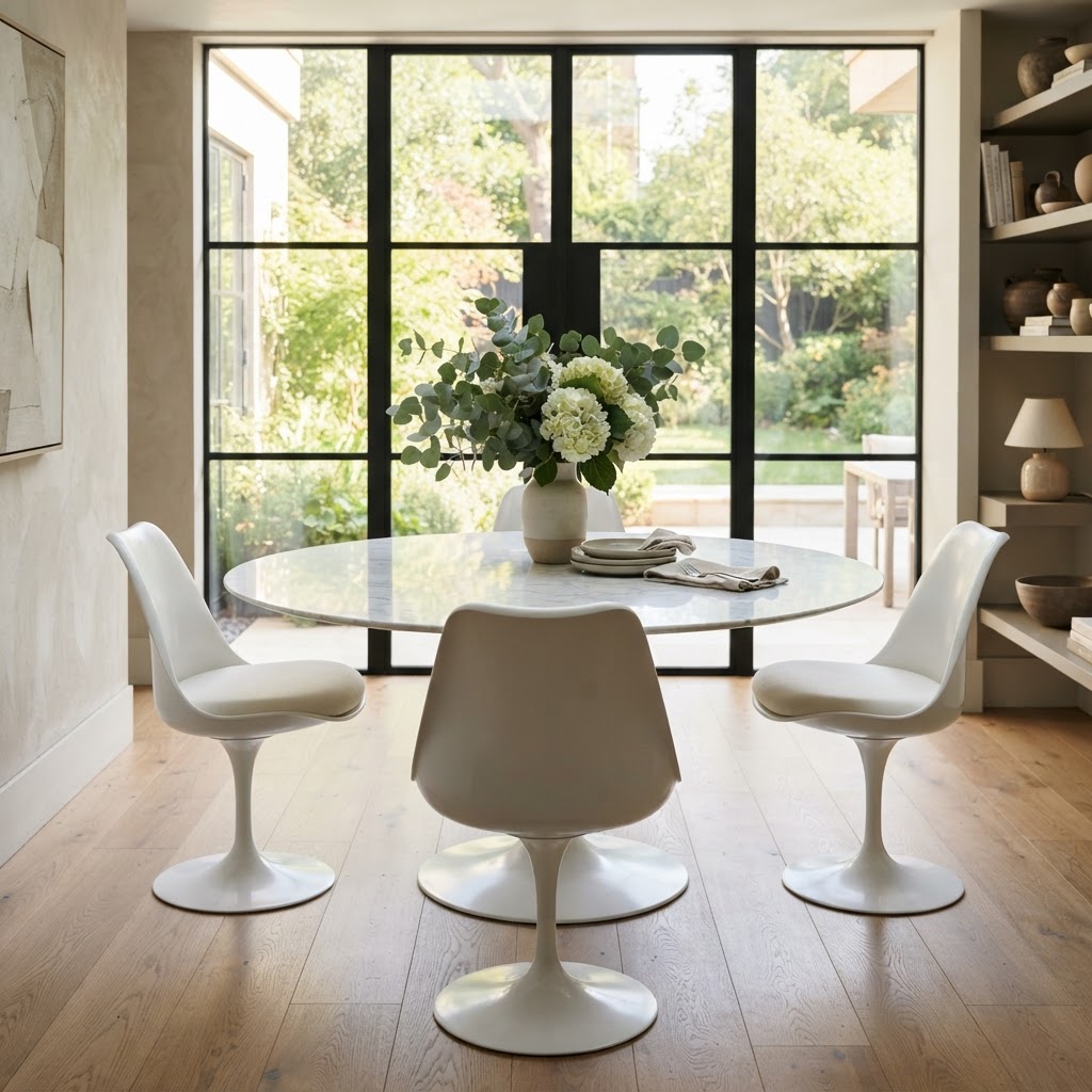 White pedestal dining chairs with curved shell seats around a round marble table