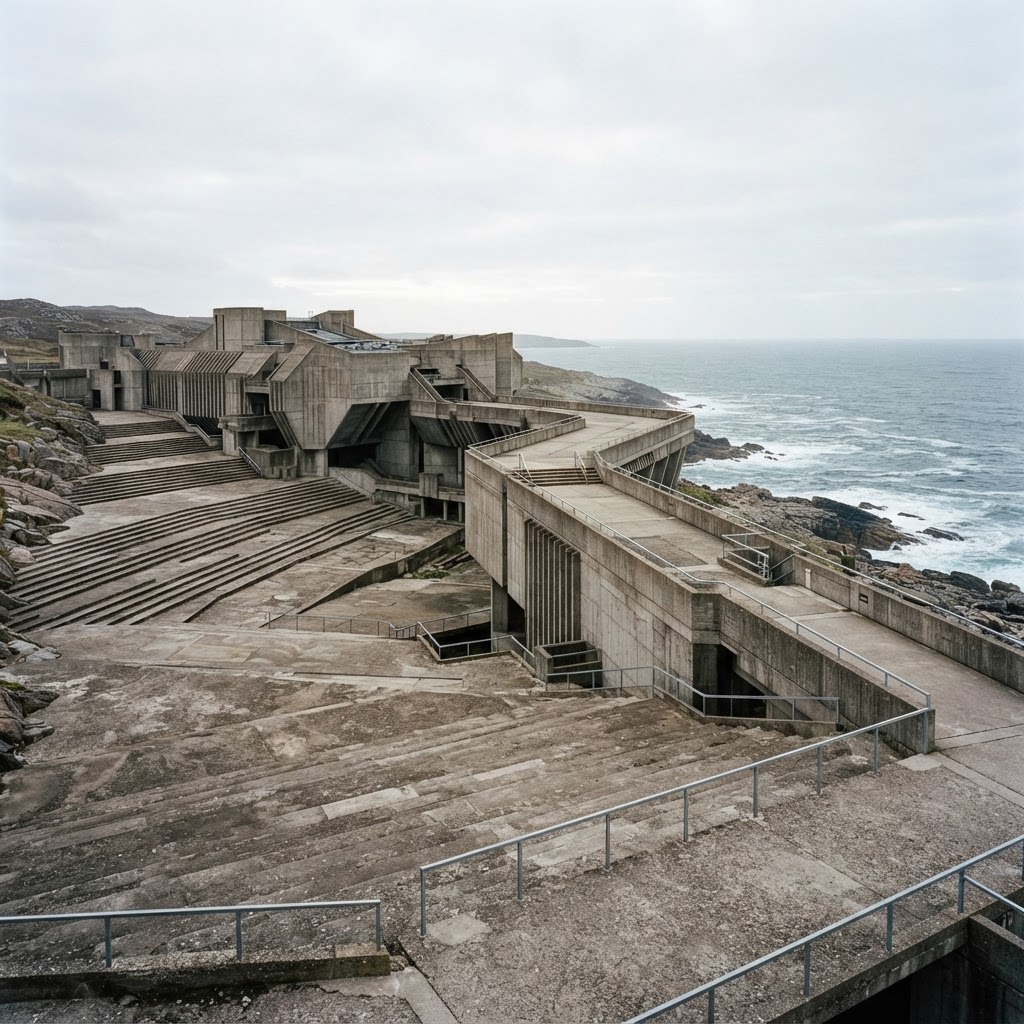 Low brutalist concrete hall by the sea with wide stepped terraces