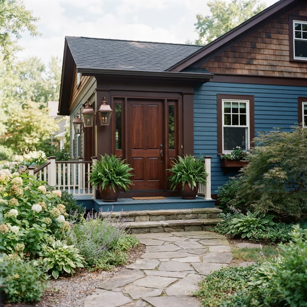 Front entrance of a blue clapboard house with brown trim, a rich mahogany front door, a copper lantern, potted ferns and a flagstone path through hydrangeas