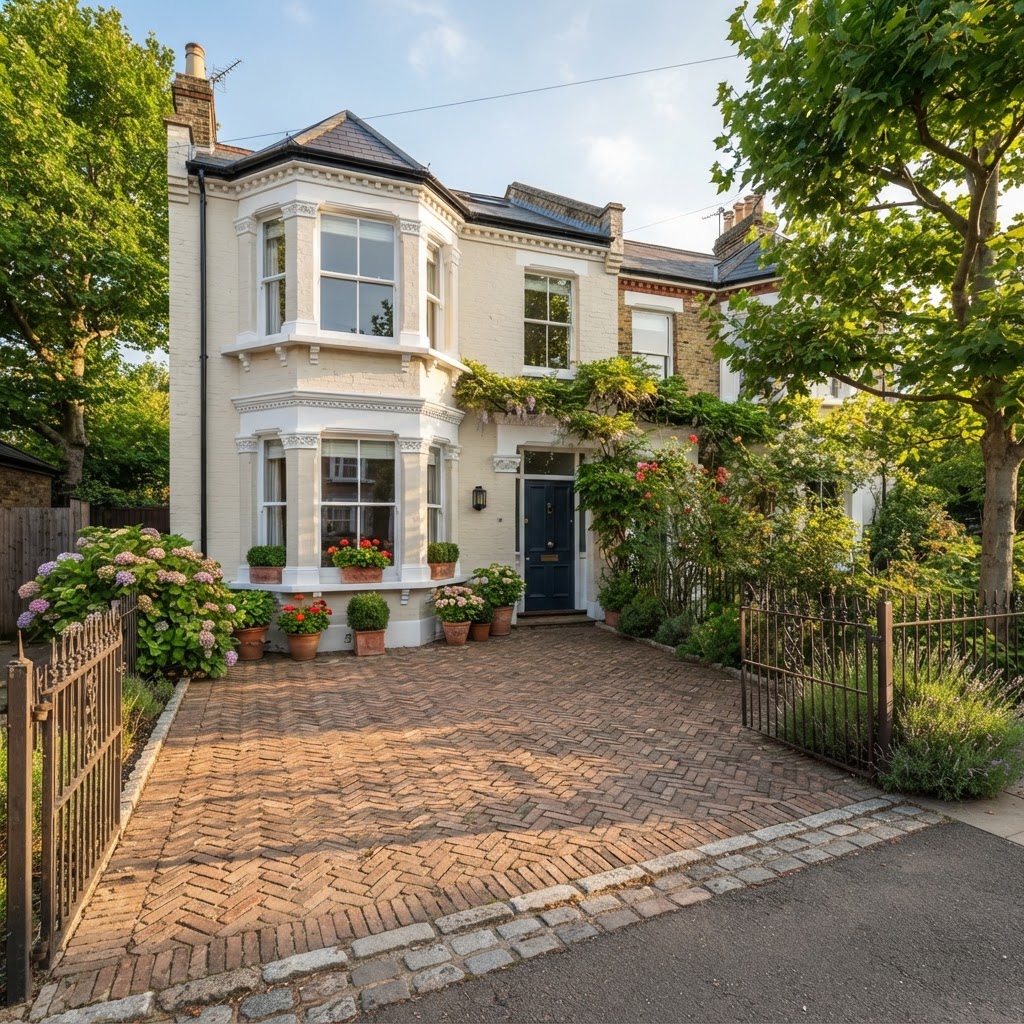 Herringbone clay brick driveway in front of a cream Victorian house with bay windows