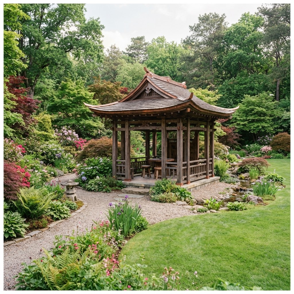 Wooden pagoda-style gazebo with upturned roof corners in a green garden