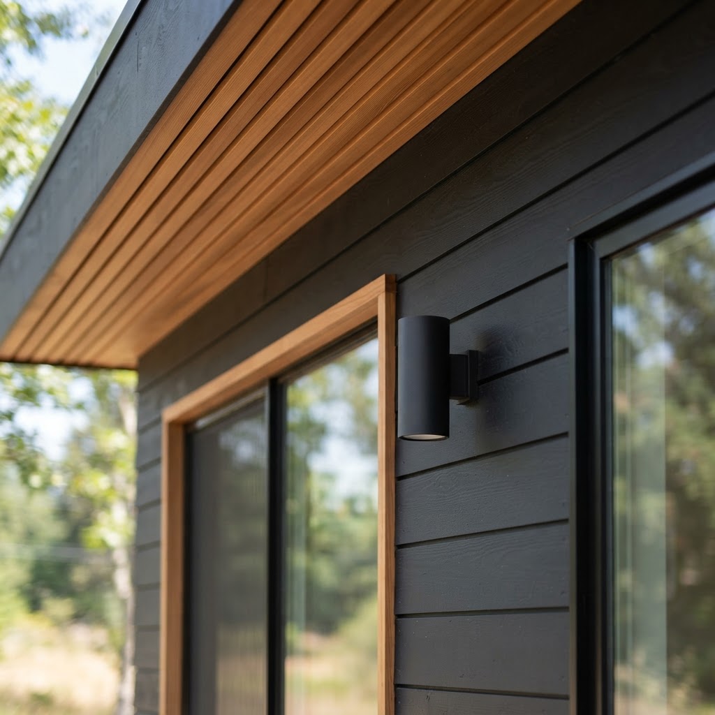 Close-up of black painted siding with black-framed windows meeting a warm cedar slatted soffit, with a black cylindrical wall light