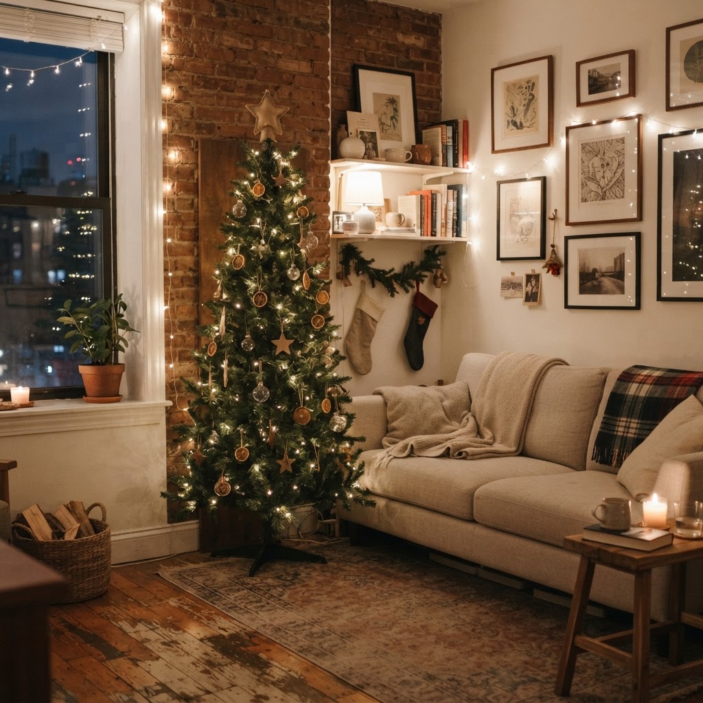 Slim Christmas tree beside a sofa in a cosy studio flat with a gallery wall