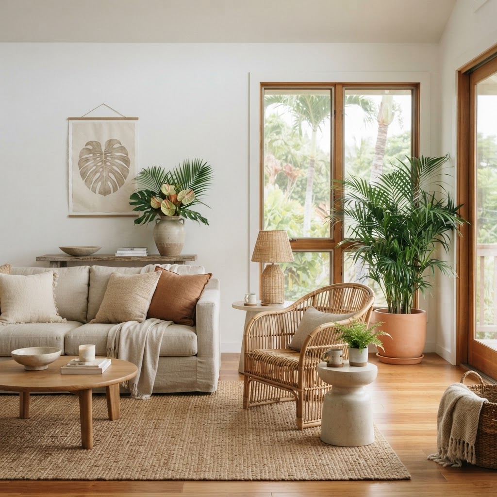 Calm tropical living room with white walls, a linen sofa, a rattan chair, potted palms and a botanical print