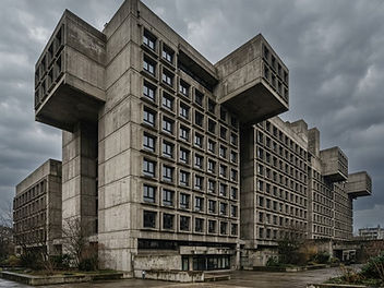 Massive raw concrete brutalist building with repetitive deep-set windows and cantilevered blocks under a dramatic grey sky