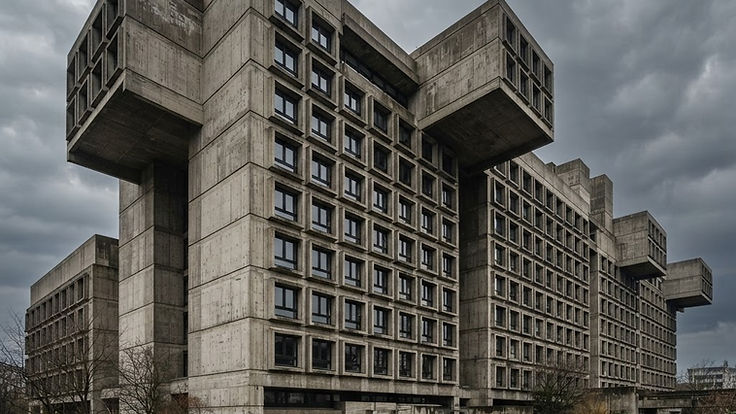 Massive raw concrete brutalist building with repetitive deep-set windows and cantilevered blocks under a dramatic grey sky