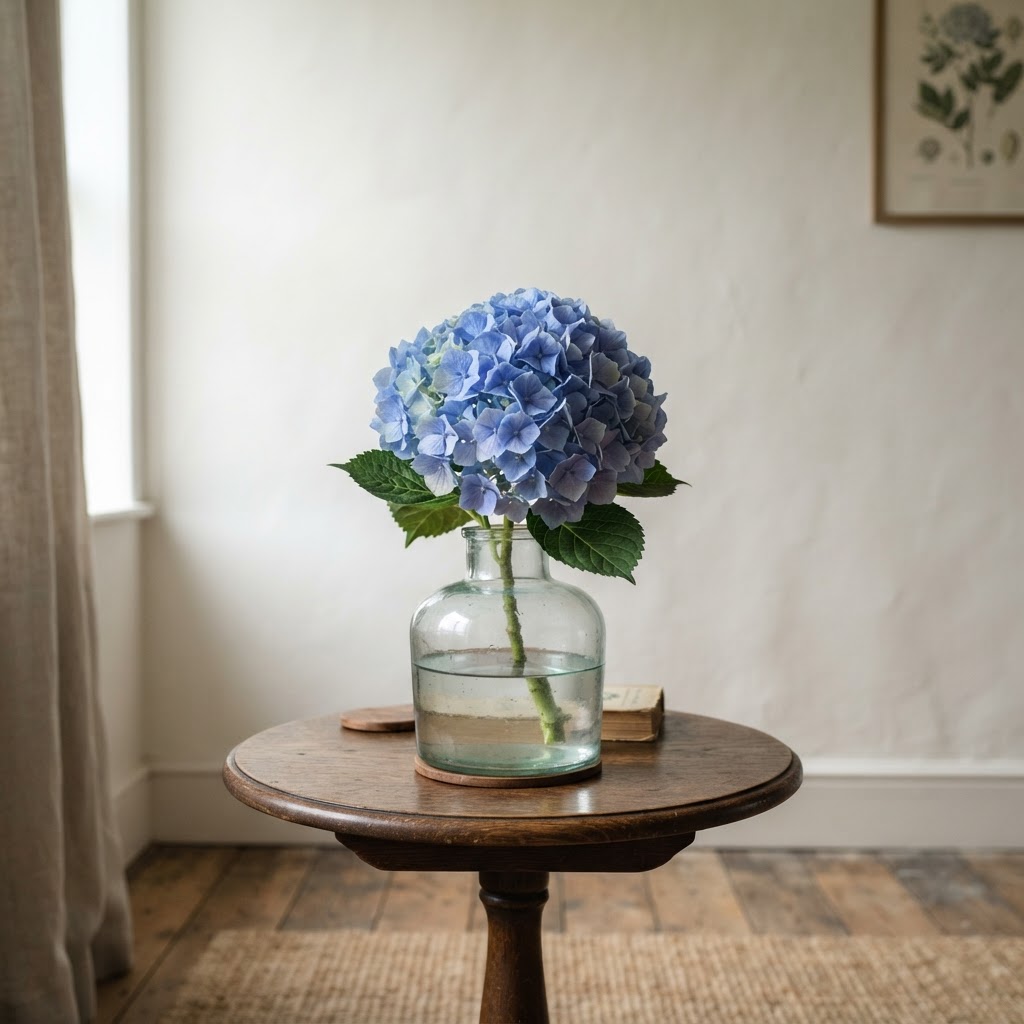 Single large blue hydrangea head in a low glass vase on a side table