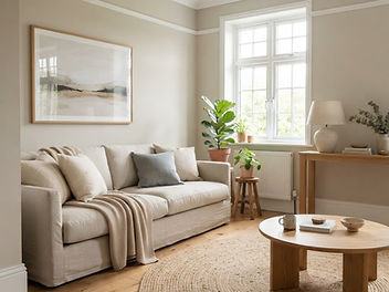 Bright living room with soft light greige walls, white trim, a linen sofa and an oak coffee table