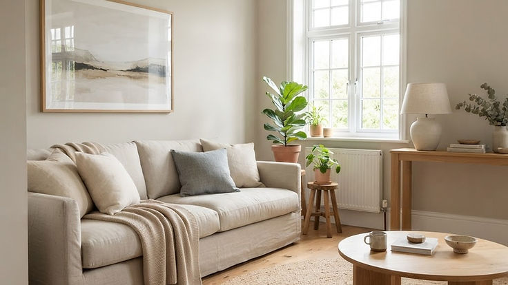 Bright living room with soft light greige walls, white trim, a linen sofa and an oak coffee table