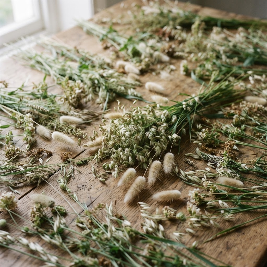 Bunch of quaking grass, bunny tail grass and meadow grasses on a wooden table