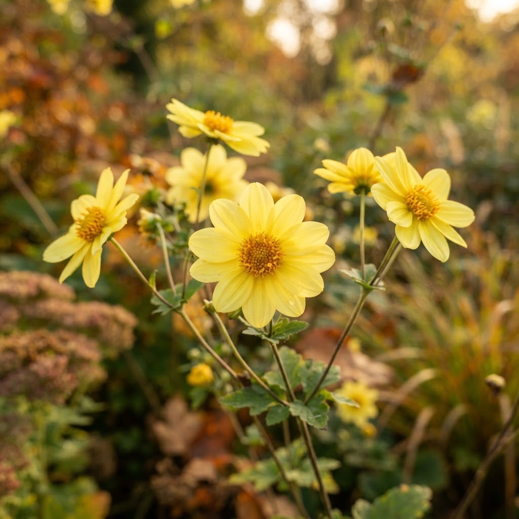 Close-up of soft primrose yellow single chrysanthemum flowers with golden centres in an autumn garden
