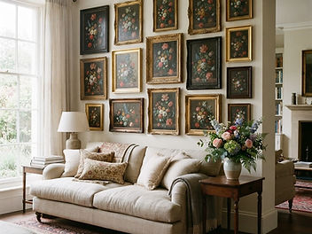 Living room gallery wall of framed floral still life paintings in gilt and black frames above a linen sofa, with a vase of fresh garden flowers on a side table