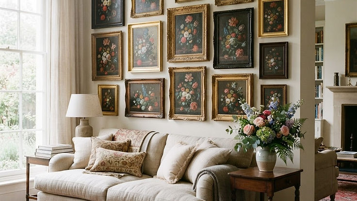 Living room gallery wall of framed floral still life paintings in gilt and black frames above a linen sofa, with a vase of fresh garden flowers on a side table
