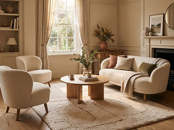 Elegant living room with a large cream textured wool rug under a curved boucle sofa, two armchairs and a round oak coffee table, beside a sash window and a fireplace
