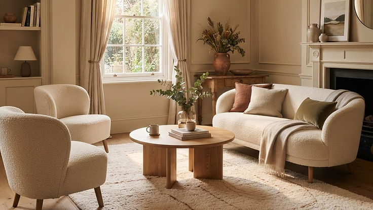 Elegant living room with a large cream textured wool rug under a curved boucle sofa, two armchairs and a round oak coffee table, beside a sash window and a fireplace