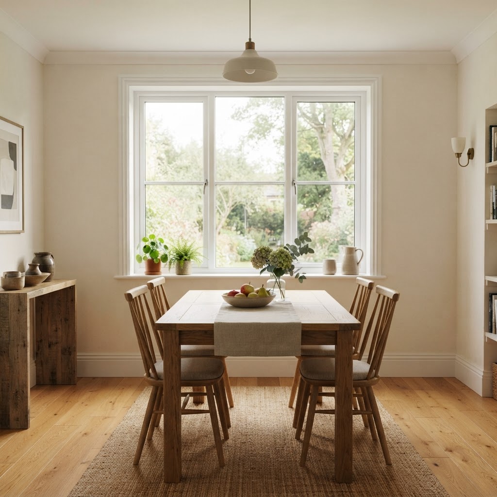 Dining room window with white picture-frame casing and mitred corners