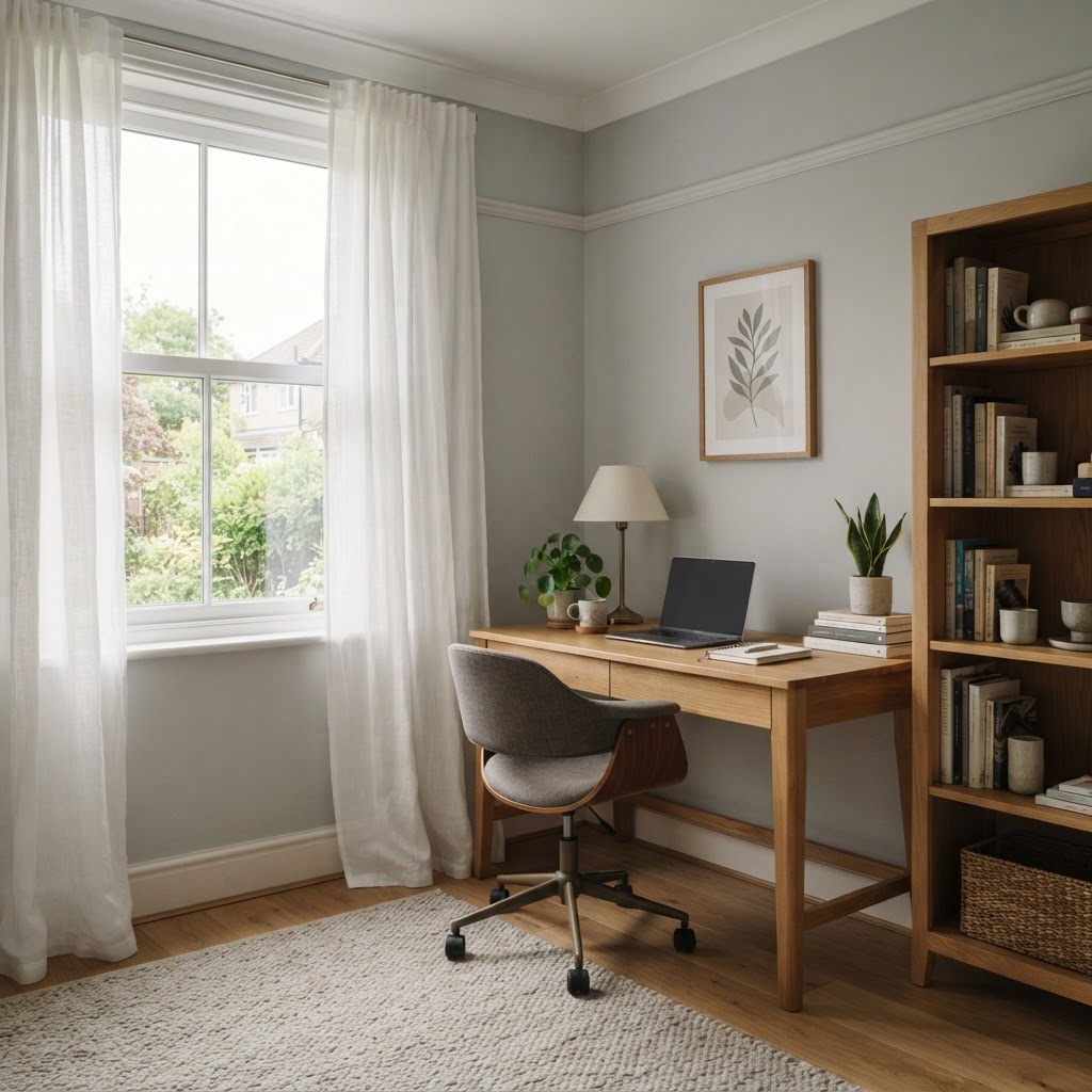 Home office with pale grey walls, an oak desk and sheer curtains