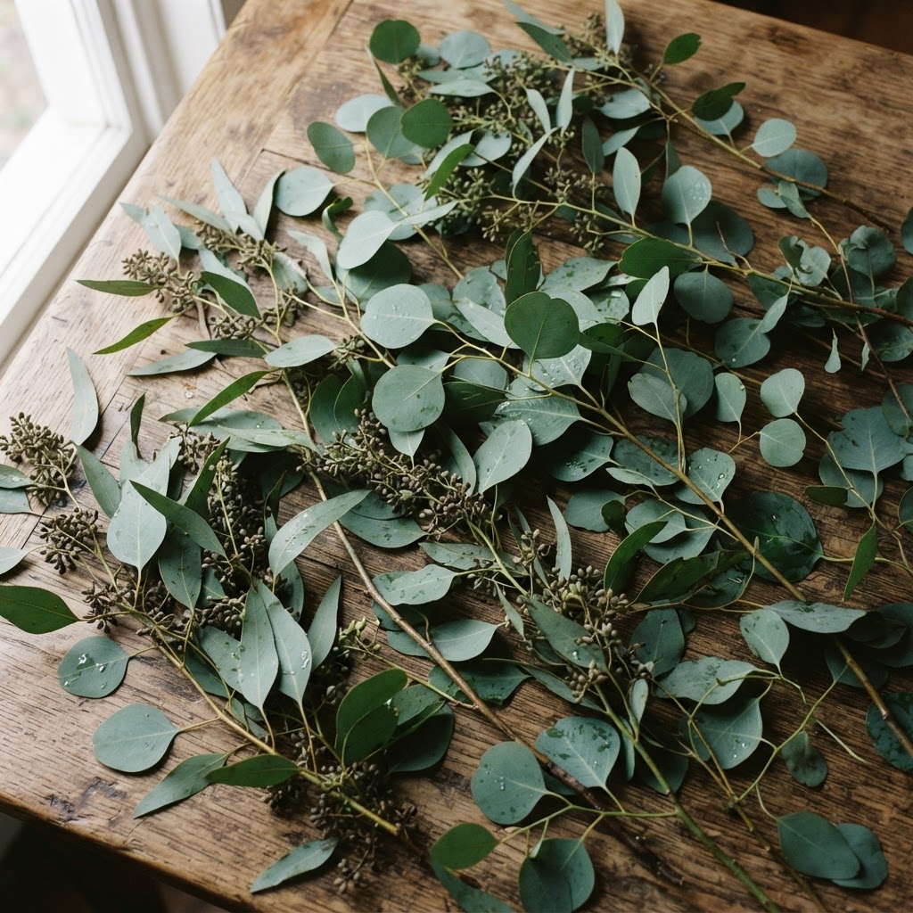 Silver dollar and seeded eucalyptus stems laid out on a wooden table