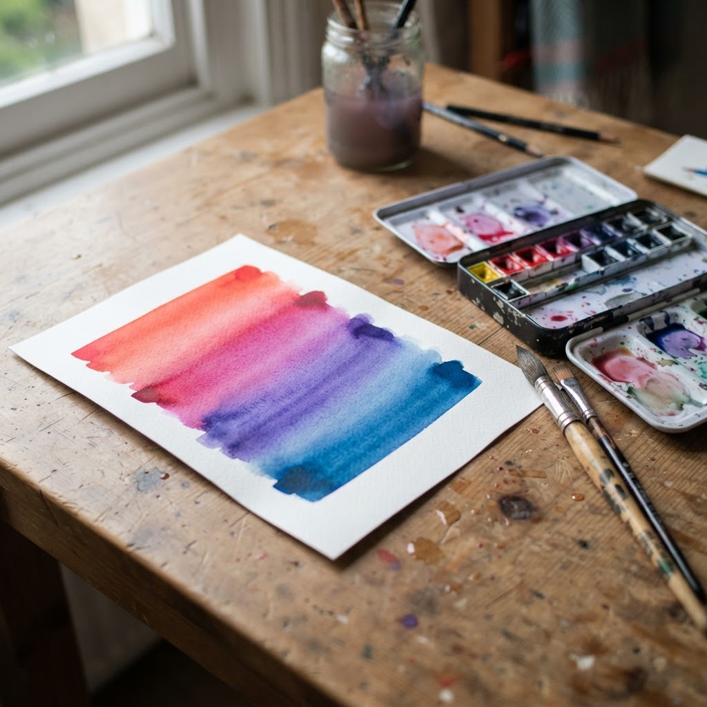 Watercolour paper on a desk with painted swatches blending gradually from red through purple to blue, beside a watercolour paint set and brushes