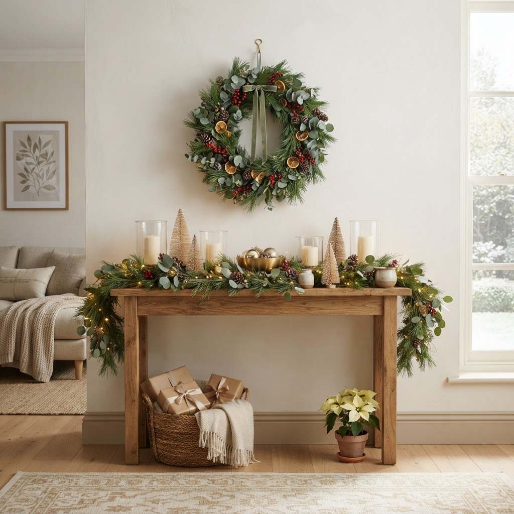 Wooden console table styled like a Christmas mantel with a pine garland, white candles in hurricanes and a wreath on the wall above