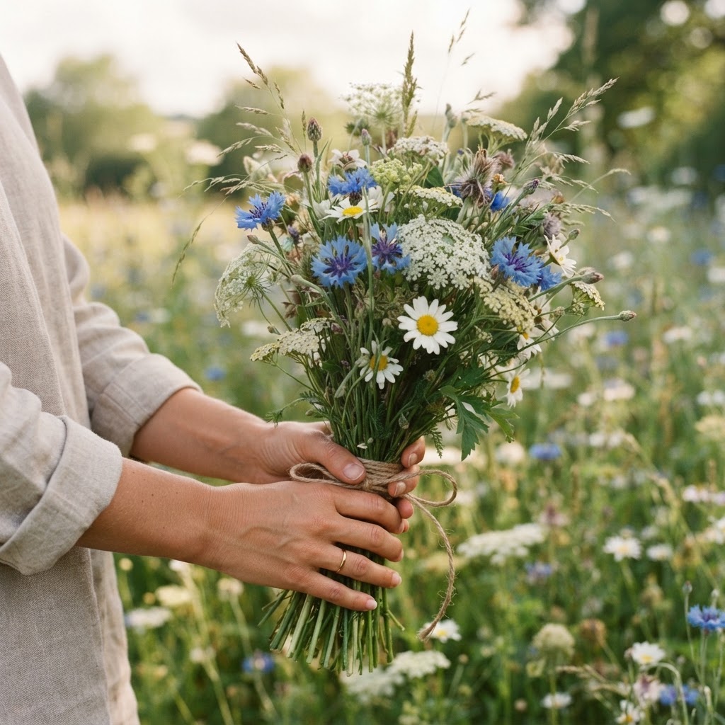 Hands holding a loose hand-tied wildflower bouquet of cornflowers, daisies and grasses tied with twine
